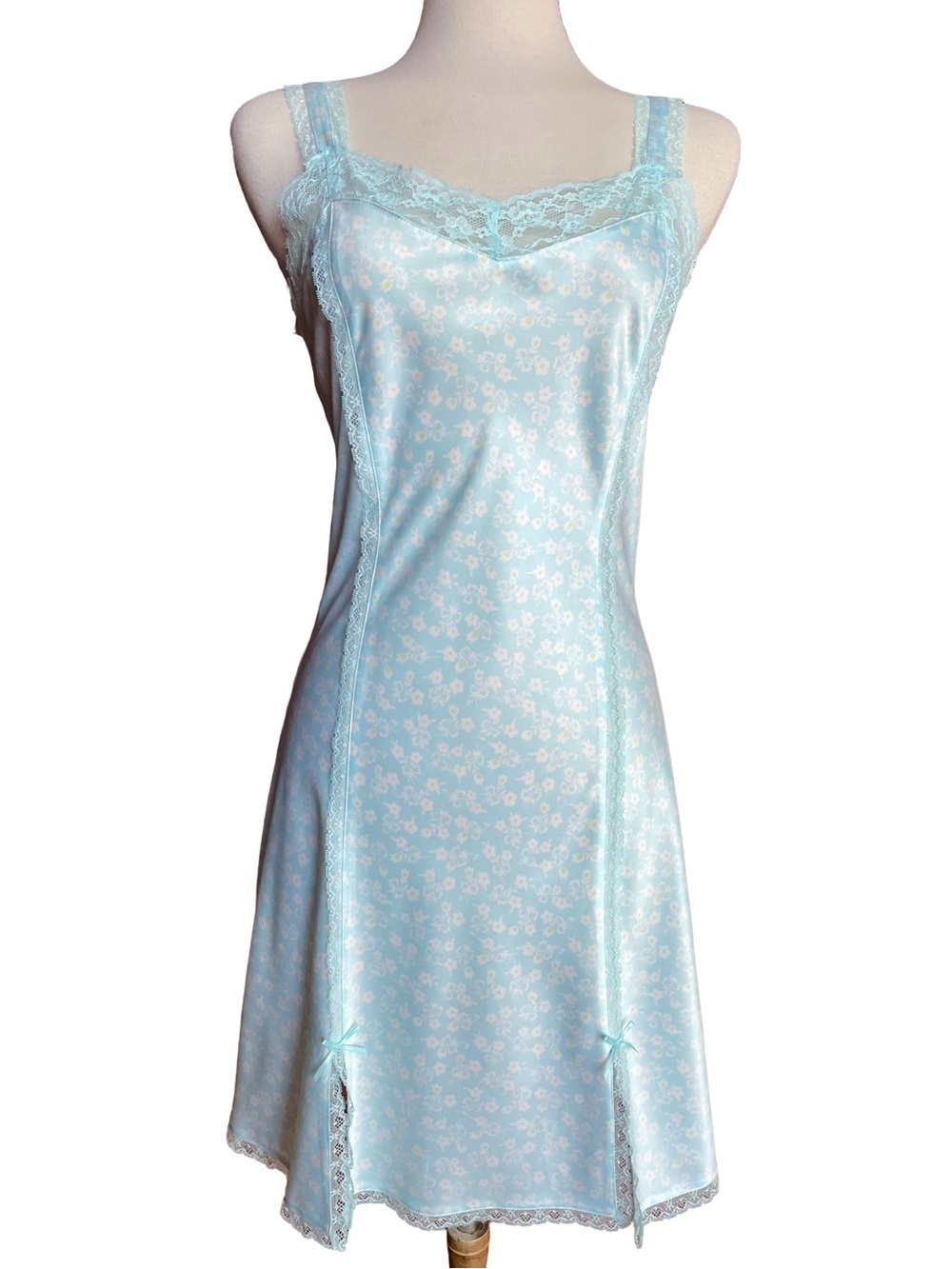Vintage 90s Y2K Ice Blue Satin Lace Slip Dress